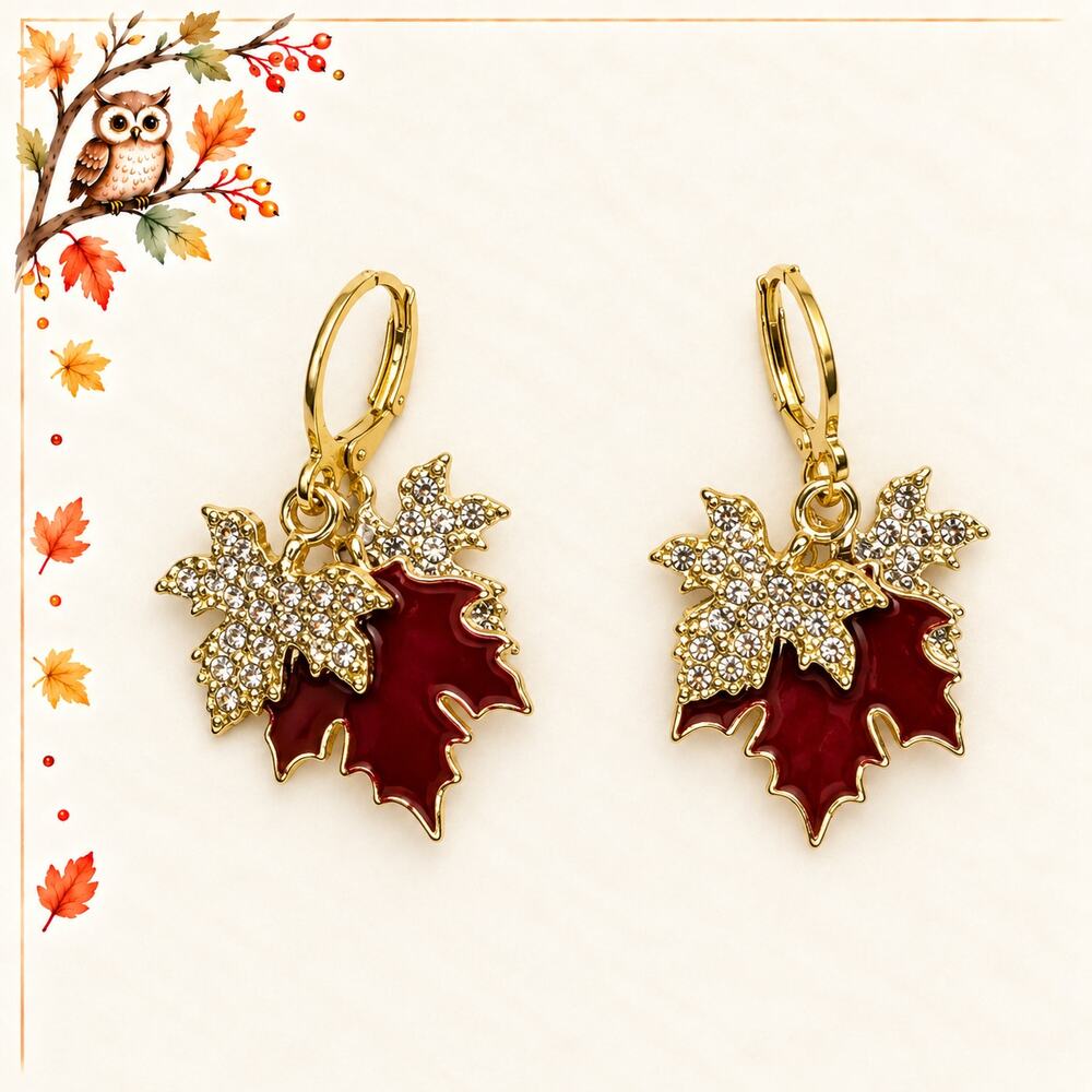 Red Maple Leaf Dangle Earrings Gold Tone Rhinestone Autumn Fall Jewelry E530